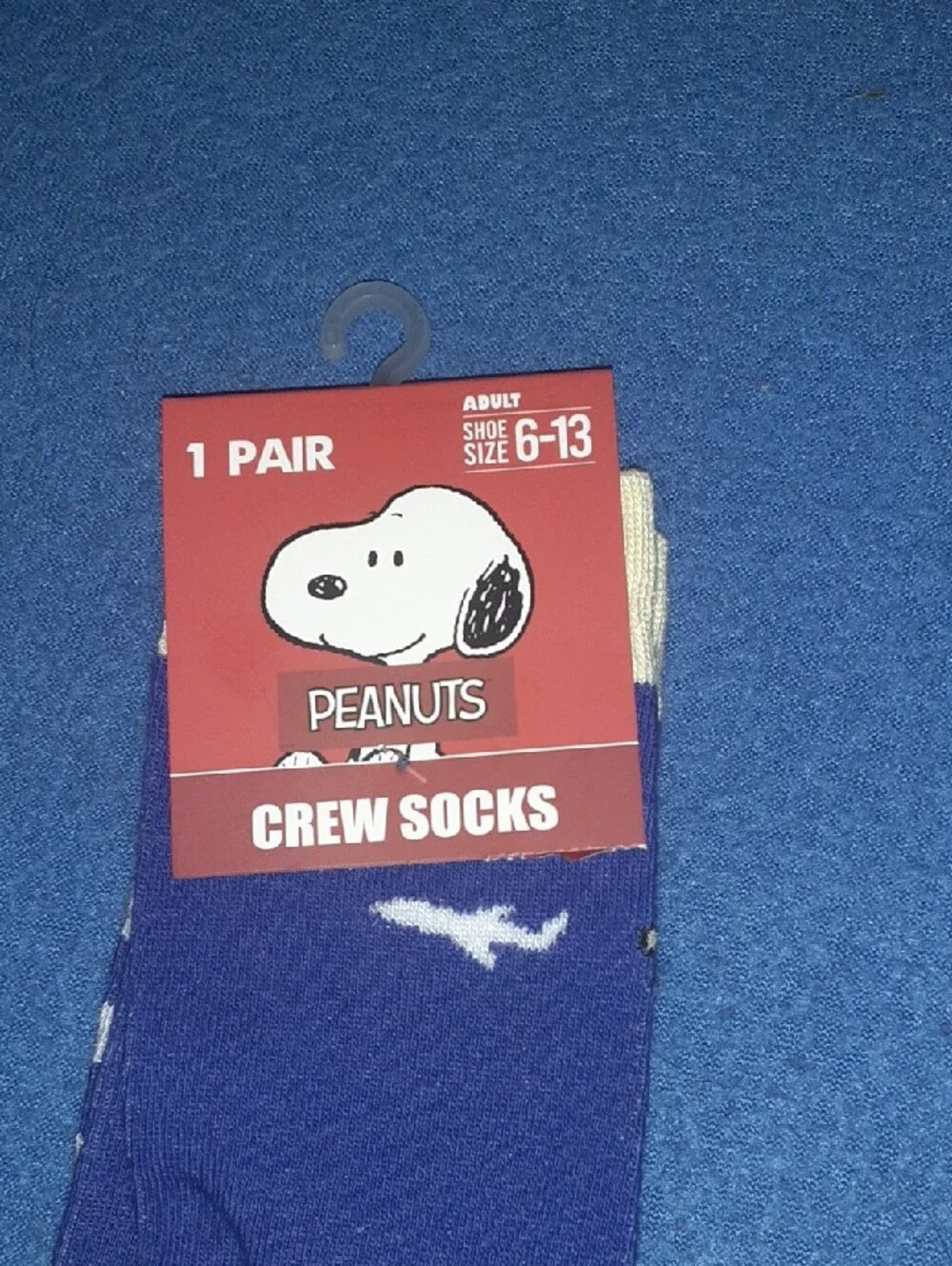 Peanuts Purple Crew Socks with White Stripes and Yellow Woodstock